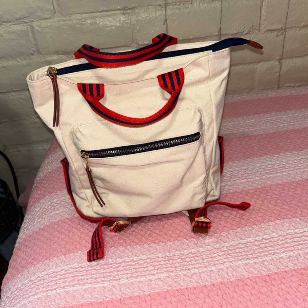 Canvas Backpack with Red and Navy Accents